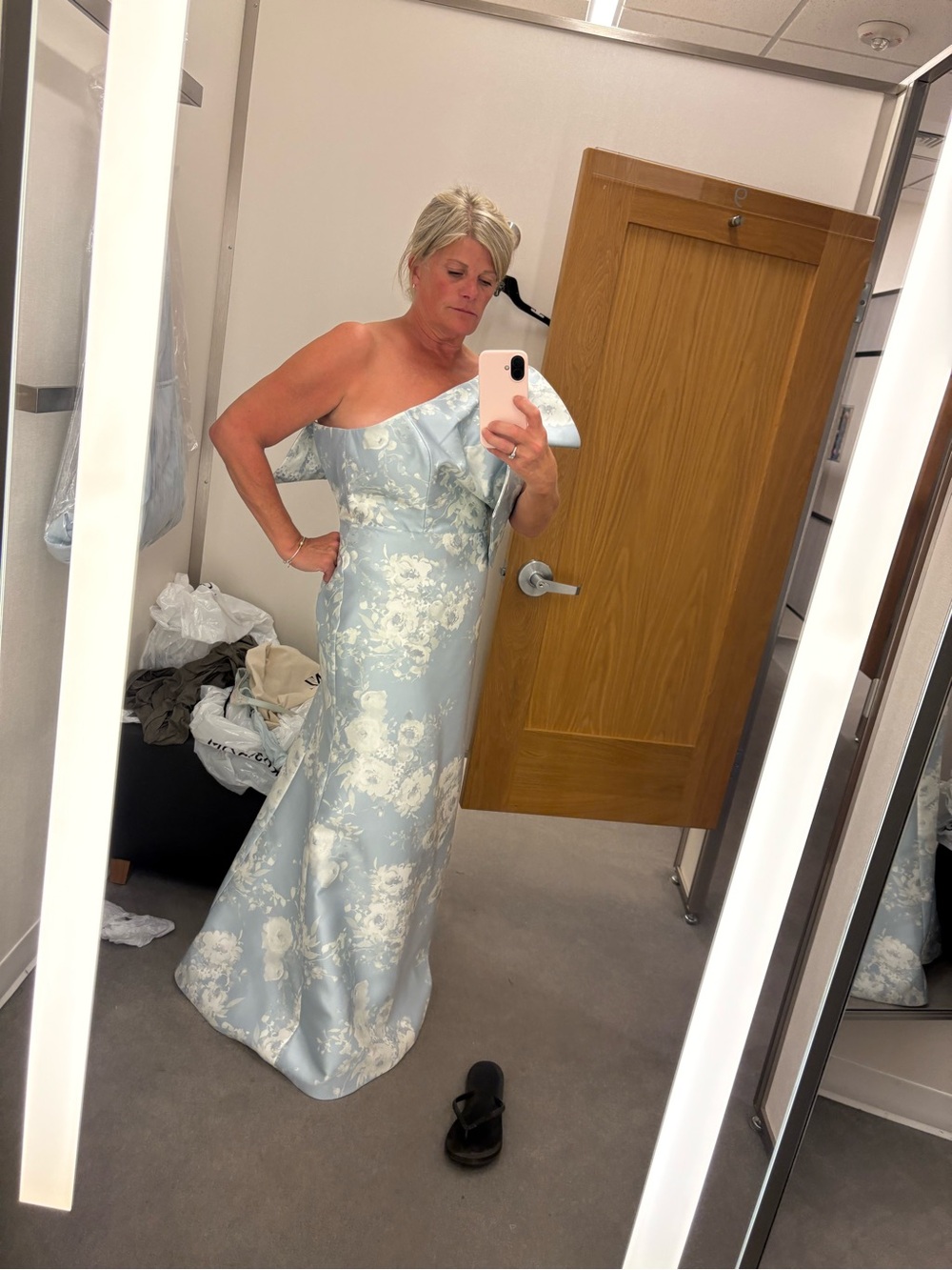 ALFRED SUNG One-Shoulder Pale Blue and Ivory Floral Jacquard Gown - Picture 1 of 7